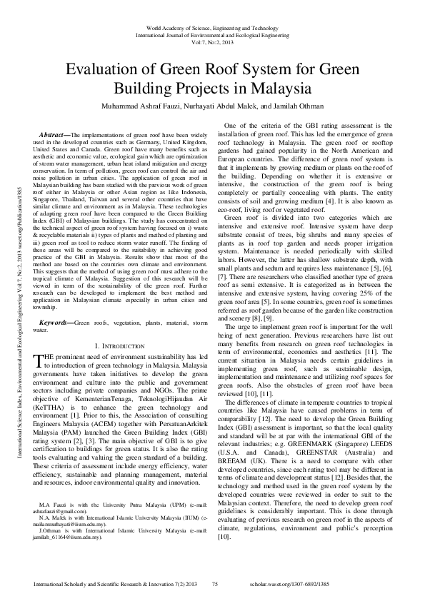 (PDF) Evaluation Of Green Roof System For Green Building Projects In ...