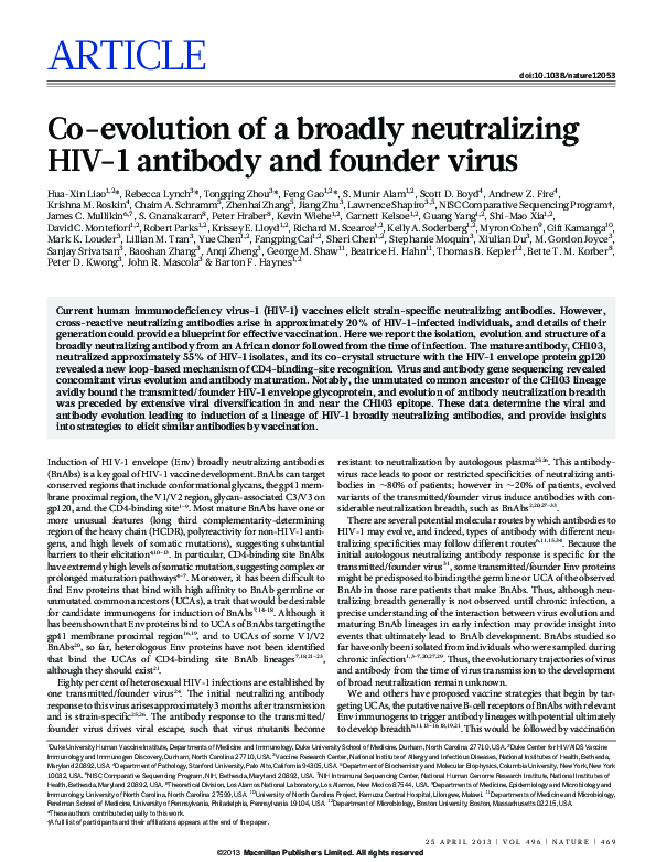 (PDF) Co-evolution of a broadly neutralizing HIV-1 antibody and founder ...