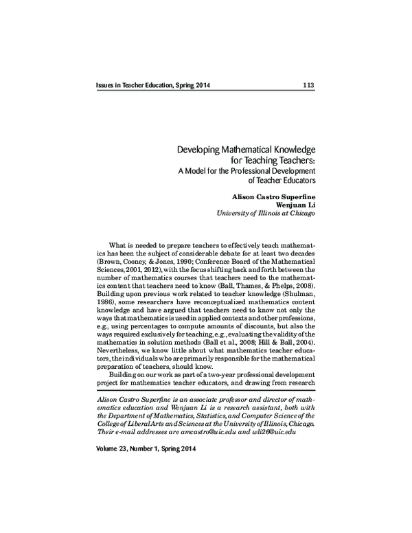 (PDF) Developing Mathematical Knowledge for Teaching Teachers: A Model ...