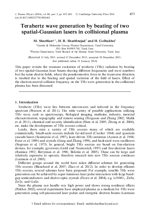 (PDF) Terahertz wave generation by beating of two spatial-Gaussian ...