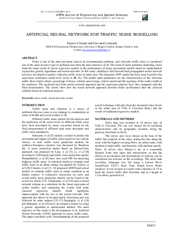 (PDF) Artificial Neural Network for Traffic Noise Modelling