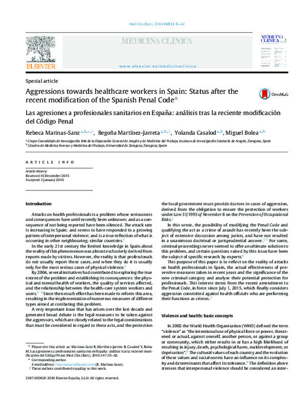 (PDF) Aggressions towards healthcare workers in Spain: Status after the ...