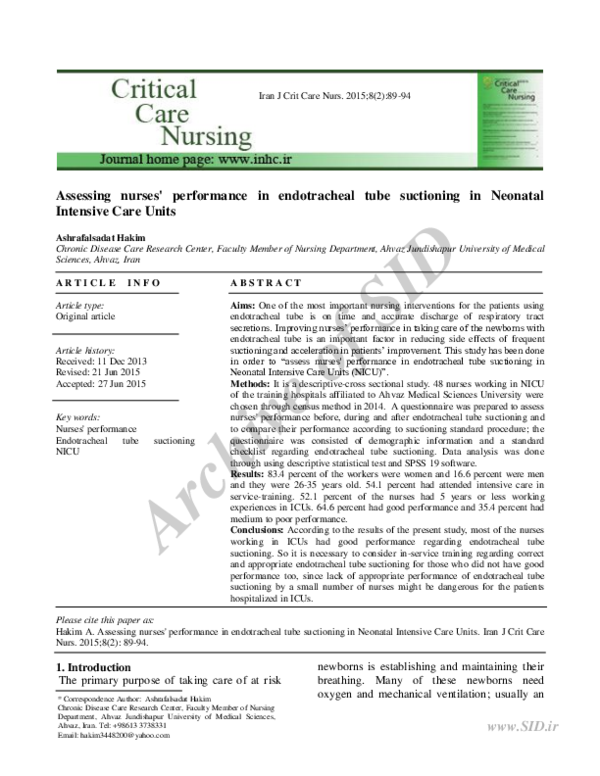 (PDF) Assessing Nurses; Performance in Endotracheal Tube Suctioning in ...