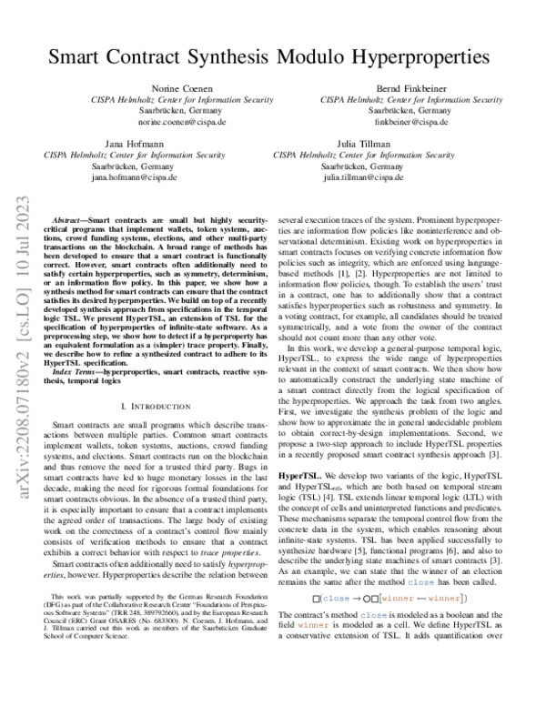 Pdf Smart Contract Synthesis Modulo Hyperproperties