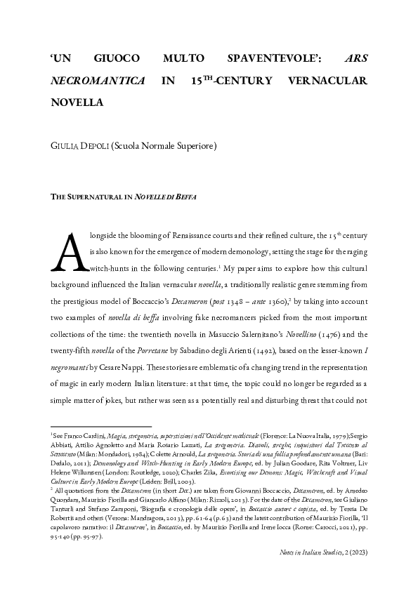 "Un giuoco multo spaventevole": ars necromantica in 15th-century vernacular novella