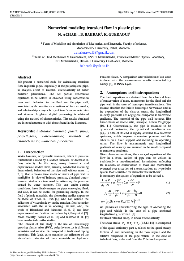 (PDF) Numerical modeling transient flow in plastic pipes