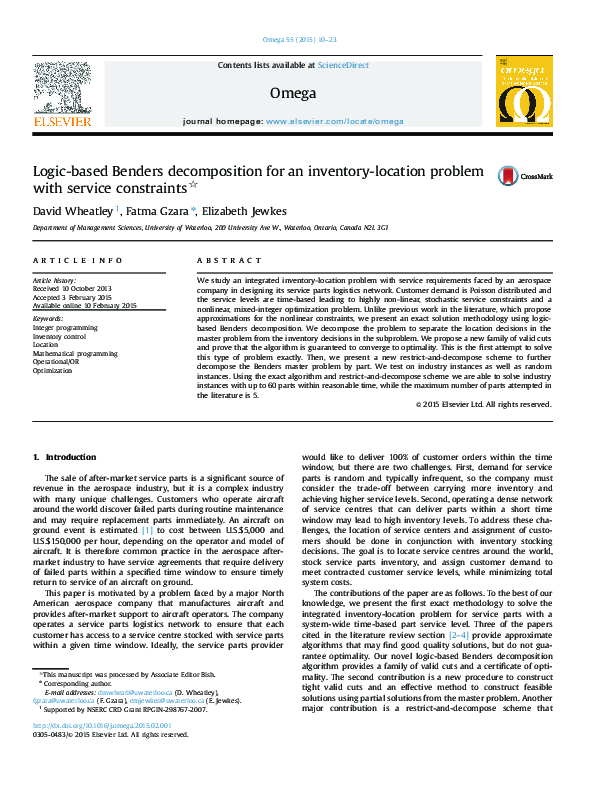 (PDF) Logic-based Benders decomposition for an inventory-location ...