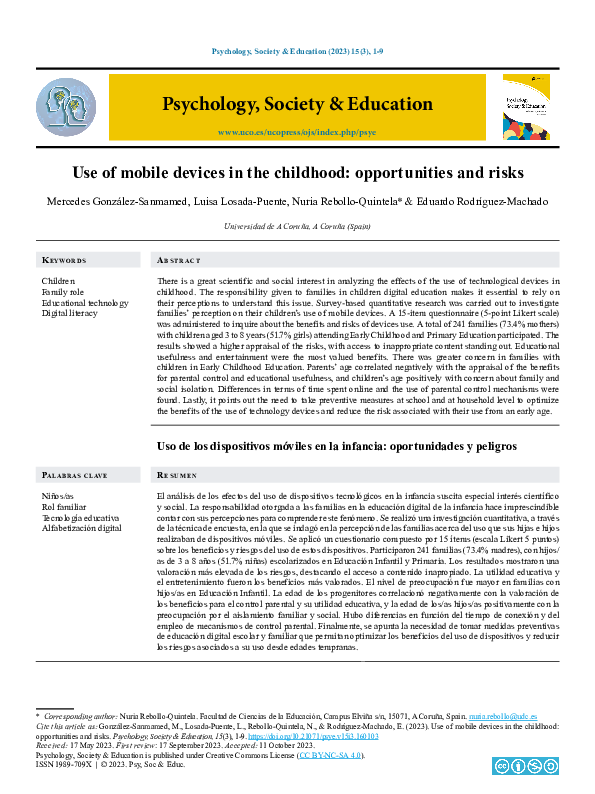 (PDF) Use of mobile devices in the childhood: opportunities and risks