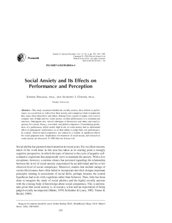 (PDF) Social Anxiety and Its Effects on Performance and Perception