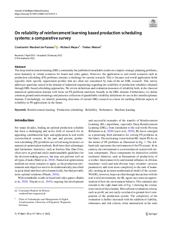 (PDF) On reliability of reinforcement learning based production ...