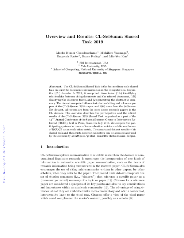 (PDF) Overview and Results: CL-SciSumm Shared Task 2019
