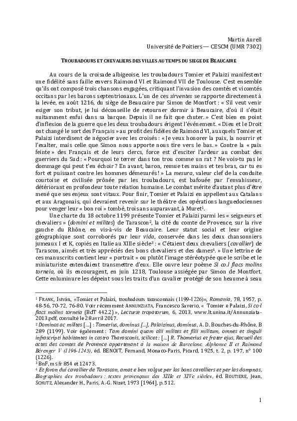 (PDF) Troubadours et chevaliers des villes au temps du siège de Beaucaire
