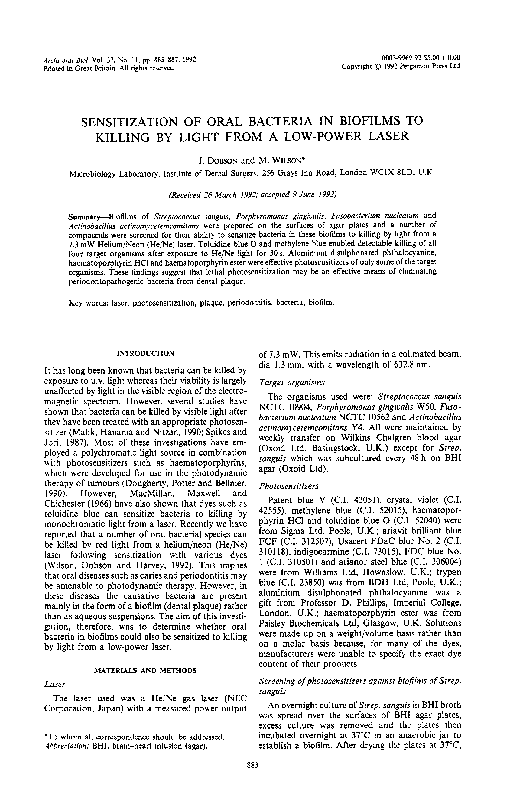 Sensitization of oral bacteria in biofilms to killing by light from a low-power laser
