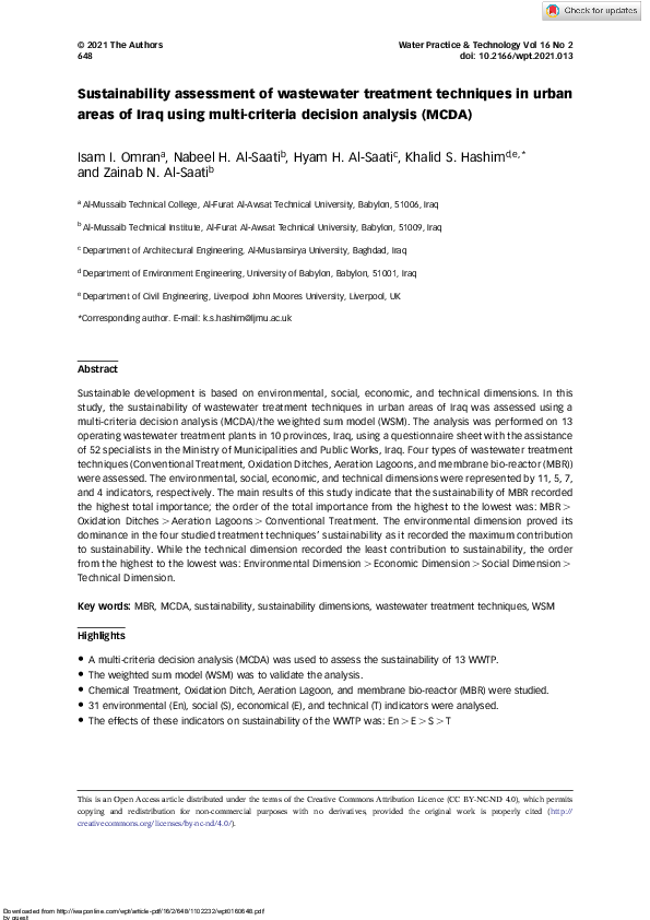 (PDF) Sustainability assessment of wastewater treatment techniques in ...