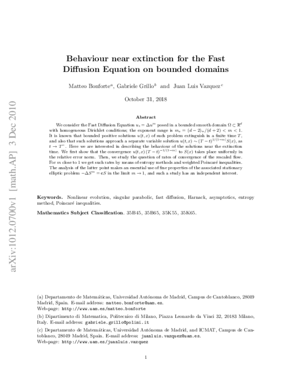 (PDF) Behaviour near extinction for the Fast Diffusion Equation on ...
