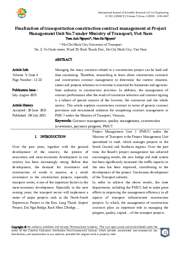 (PDF) Finalization of transportation construction contract management ...