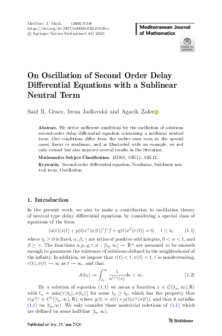 (PDF) On Oscillation of Second Order Delay Differential Equations with ...