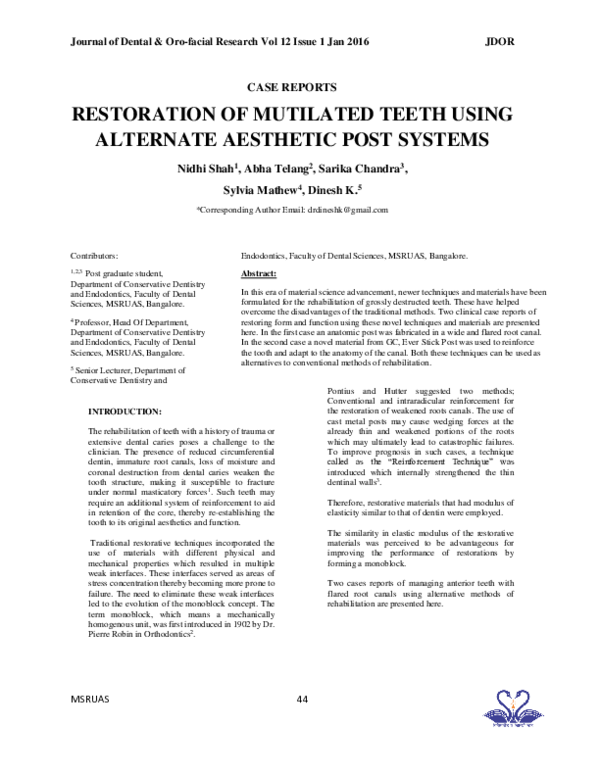 (PDF) Restoration of Mutilated Teeth Using Alternate Aesthetic Post Systems