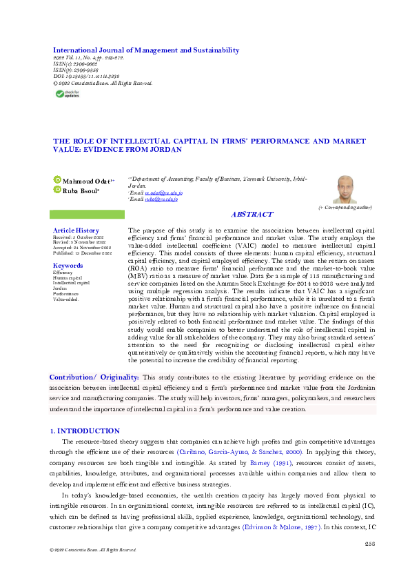 (PDF) The Role of Intellectual Capital in Firms’ Performance and Market ...