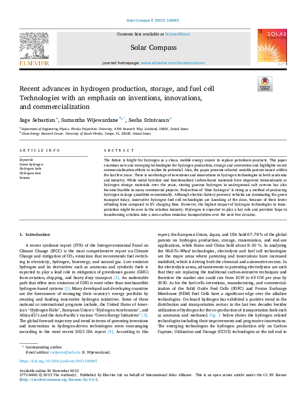 (PDF) Recent advances in hydrogen production, storage, and fuel cell ...