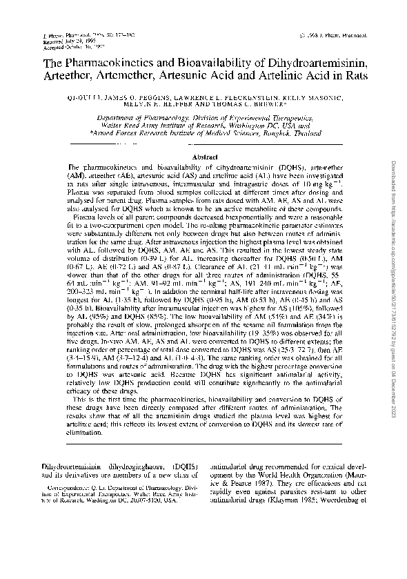 (PDF) The Pharmacokinetics and Bioavailability of Dihydroartemisinin ...