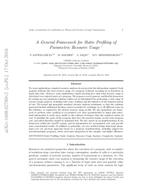 (PDF) A general framework for static profiling of parametric resource usage