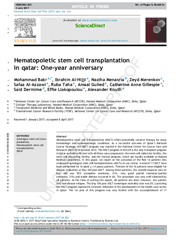 (PDF) Hematopoietic stem cell transplantation in qatar: One-year ...