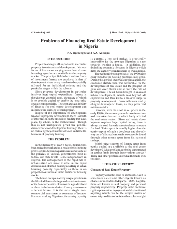 (PDF) Problems of Financing Real Estate Development in Nigeria
