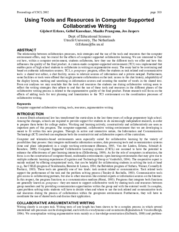 (PDF) Using tools and resources in computer supported collaborative writing
