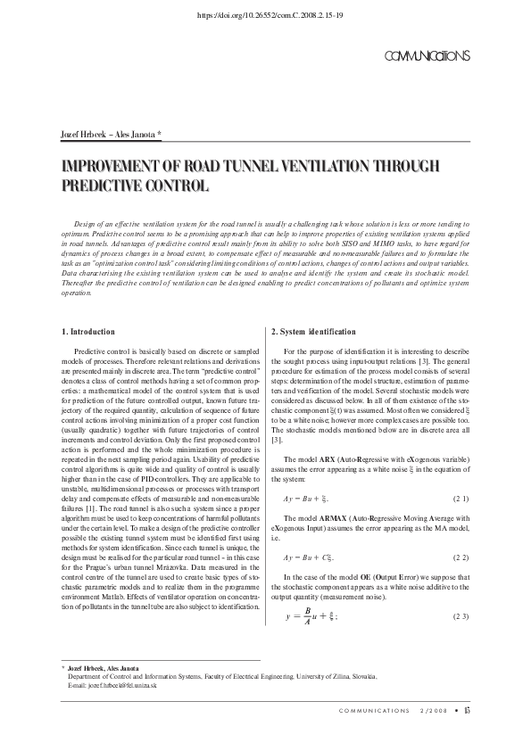 (PDF) Improvement of Road Tunnel Ventilation through Predictive Control