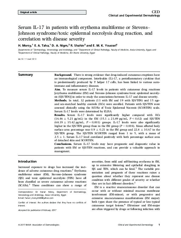 (PDF) Serum IL-17 in patients with erythema multiforme or Stevens ...