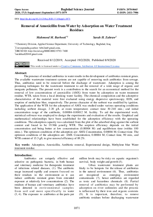 (PDF) Removal of Amoxicillin from Water by Adsorption on Water ...