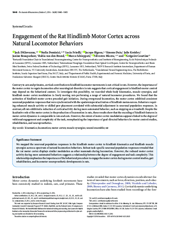 (PDF) Engagement of the Rat Hindlimb Motor Cortex across Natural ...