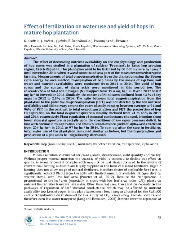 (PDF) Effect of fertilization on water use and yield of hops in mature ...