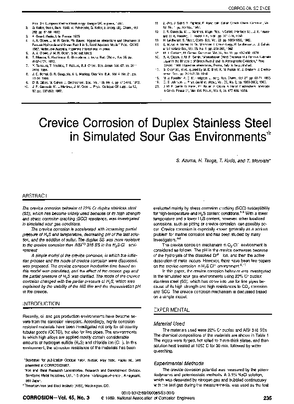 (PDF) Crevice Corrosion of Duplex Stainless Steel in Simulated Sour Gas ...