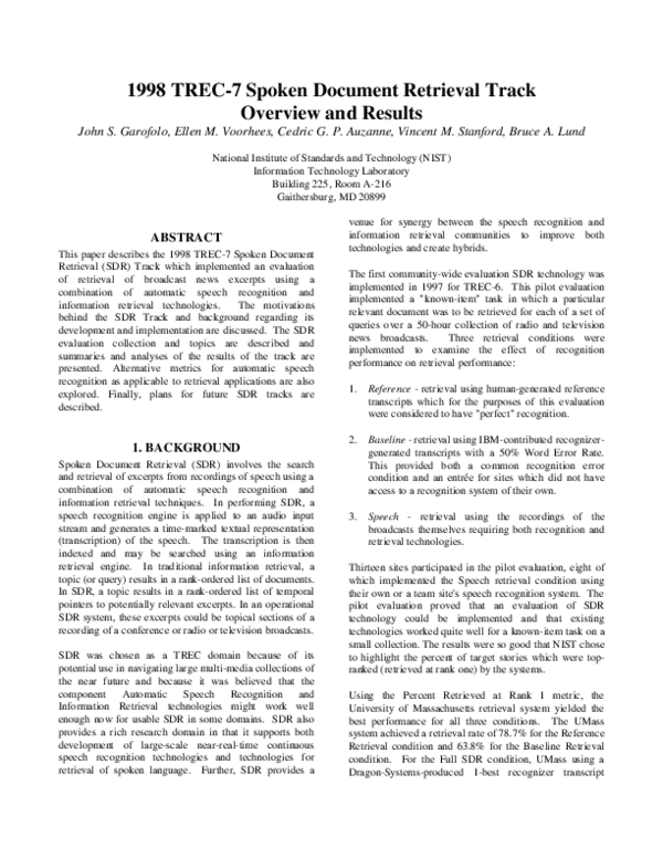 (PDF) 1998 TREC-7 Spoken Document Retrieval Track Overview and Results