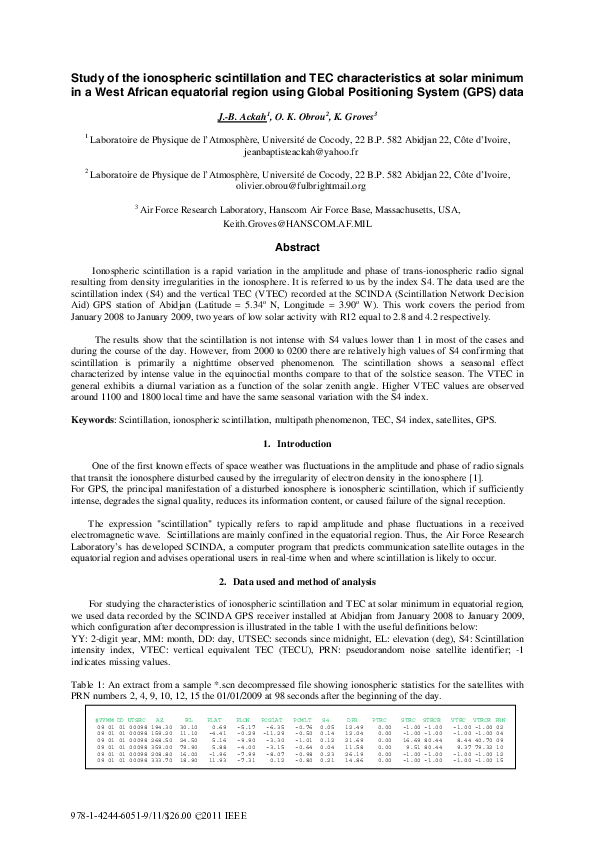 (PDF) Study of the ionospheric scintillation and TEC characteristics at ...
