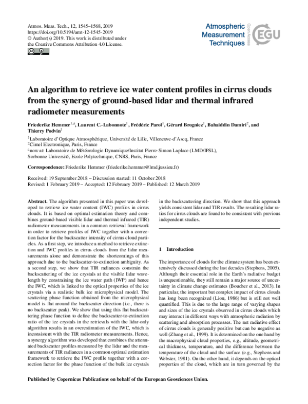(PDF) An algorithm to retrieve ice water content profiles in cirrus ...
