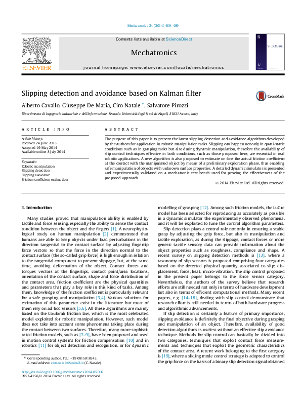 (PDF) Slipping detection and avoidance based on Kalman filter
