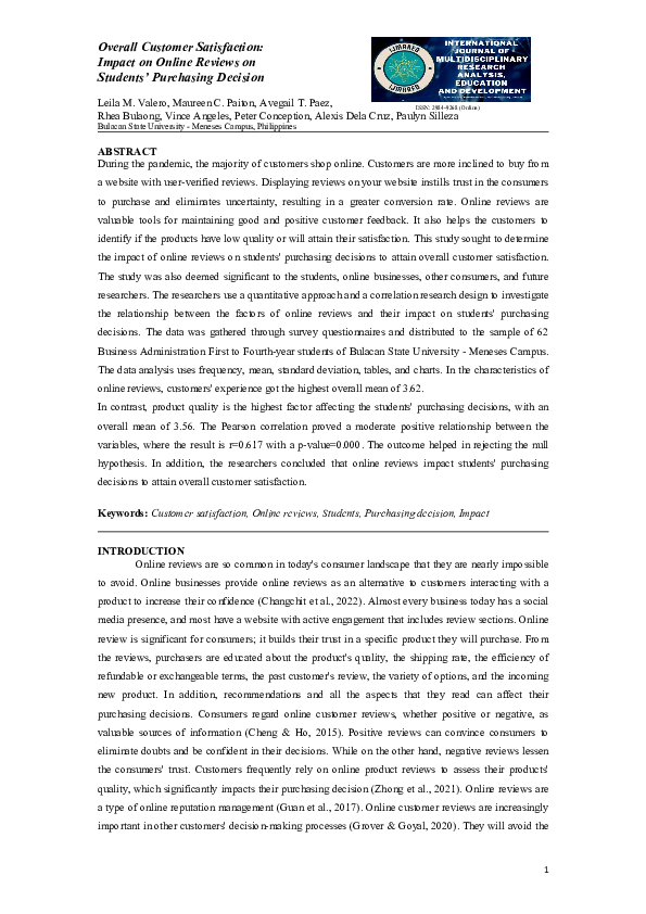 (PDF) Overall Customer Satisfaction: Impact on Online Reviews on ...