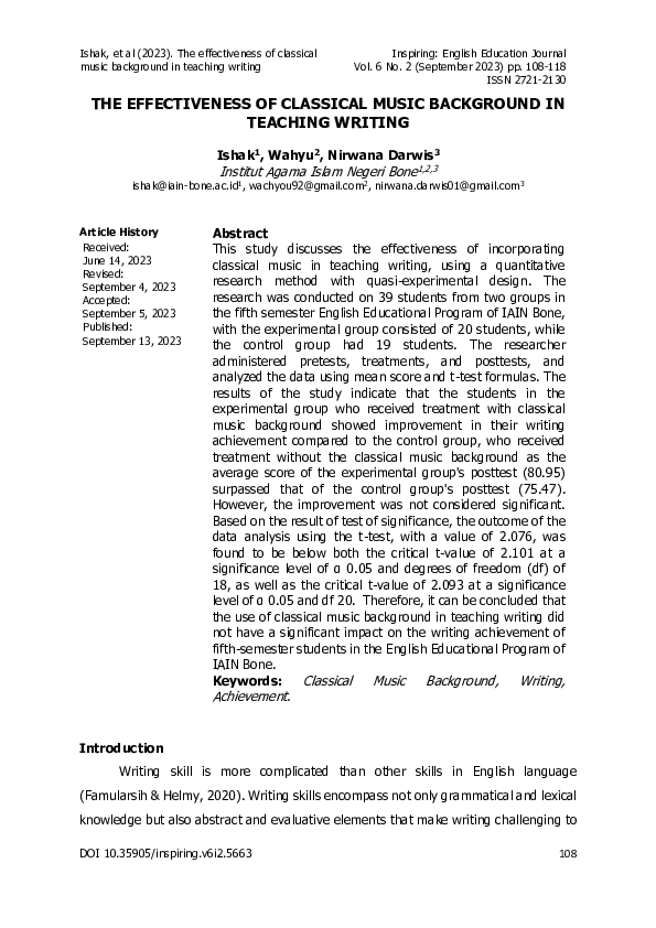 (PDF) The Effectiveness of Classical Music Background in Teaching Writing