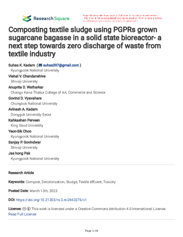 (PDF) Composting textile sludge using PGPRs grown sugarcane bagasse in