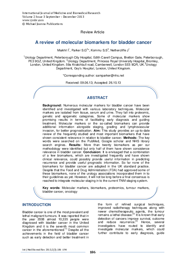 (PDF) A review of molecular biomarkers for bladder cancer