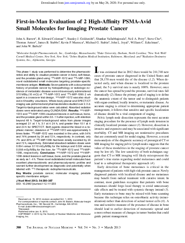 (PDF) First-in-Man Evaluation of 2 High-Affinity PSMA-Avid Small ...