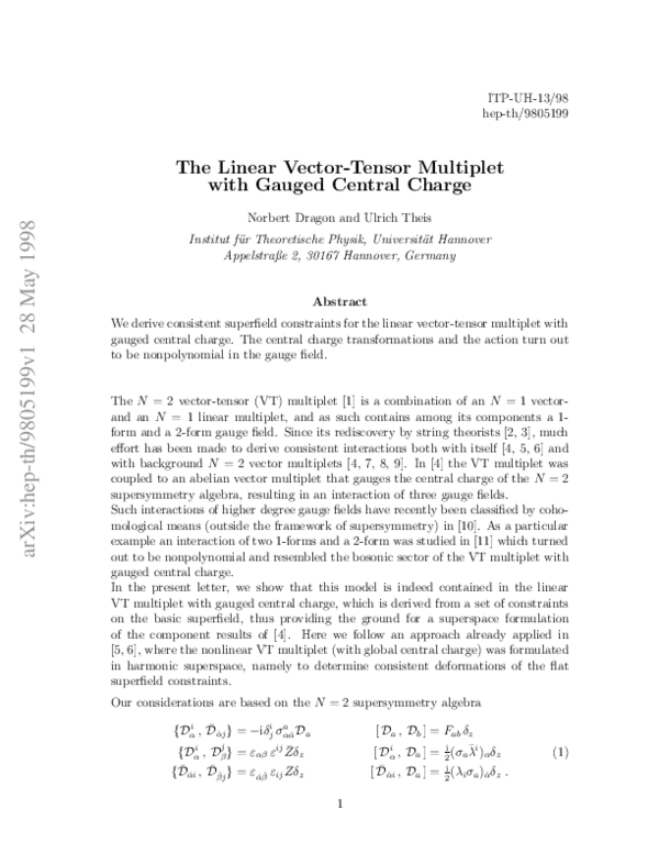 (PDF) The linear vector-tensor multiplet with gauged central charge