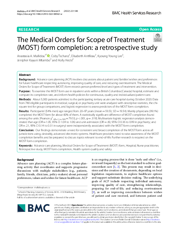(PDF) The Medical Orders for Scope of Treatment (MOST) form completion: a retrospective study