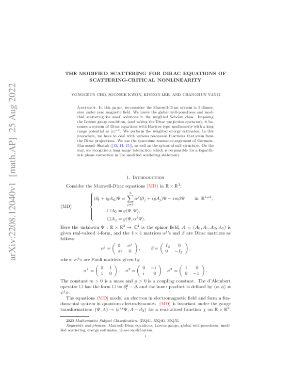 (PDF) The modified scattering for Dirac equations of scattering ...