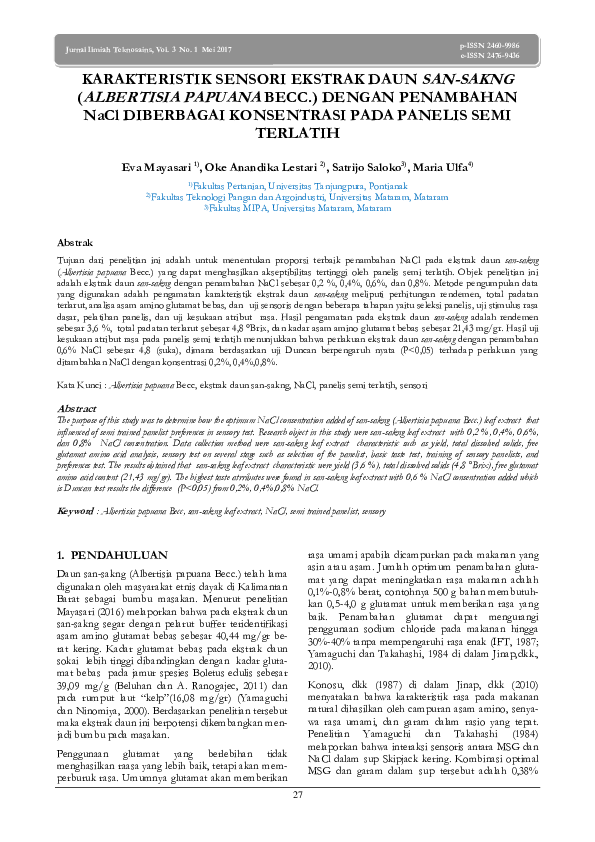 KARAKTERISTIK SENSORI EKSTRAK DAUN SAN-SAKNG (ALBERTISIA PAPUANA BECC.) DENGAN PENAMBAHAN NaCl DIBERBAGAI KONSENTRASI PADA PANELIS SEMI TERLATIH
