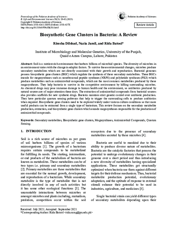 (PDF) Biosynthetic Gene Clusters in Bacteria: A Review