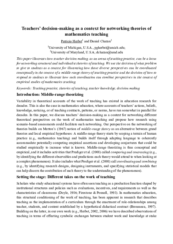 (PDF) Teachers' decision-making as a context for networking theories of ...